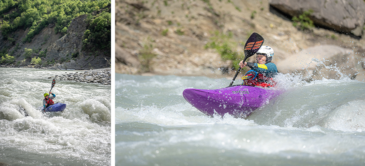 Person paddling a purple kayak through whitewater rapids, wearing a helmet and life jacket, along a rocky riverbank (two-panel image).