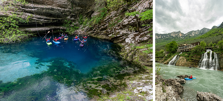 Left: group of kayakers in a turquoise pool inside a rocky canyon cave. Right: river with a waterfall, green hills, and a house on the riverbank.