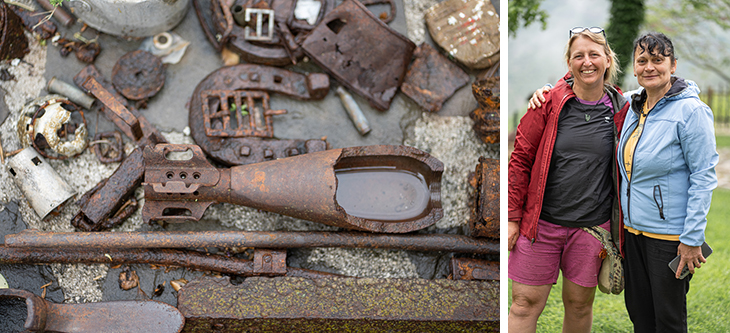 Left: rusted metal scrap and tools; right: two women standing outdoors, smiling, wearing jackets and shorts
