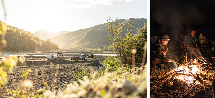 Split image: sunlit valley with mountains and parked cars by a riverbed (left); people gathered around a campfire at night (right).