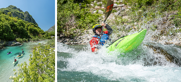 Two-panel scene: a turquoise river winding through green canyon with kayakers along the shore and cliffs above on the left; right side shows a kayaker in a bright green boat navigating whitewater with splashes around.