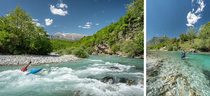 Two-panel scene of kayakers on a turquoise river surrounded by green forests and distant mountains.