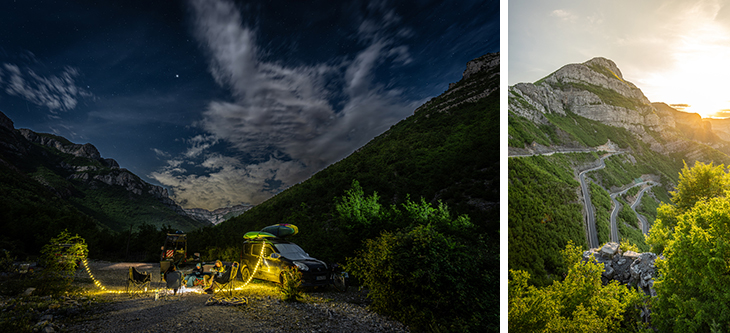 Split image: left side shows a night-time mountain campsite with a camper van, string lights, and people around; right side shows a sunrise over a winding mountain road.