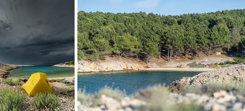 Split-view camping scene: left shows a yellow tent near a rocky shore under dark storm clouds; right shows a sunny lake with pine trees and small tents along the shore.