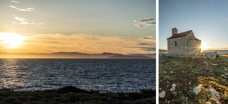 Split image: left shows a sunset over the sea with distant mountains on the horizon; right shows a small stone chapel on rocky ground with the sun behind it.