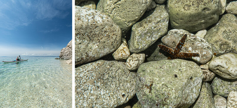 Two-panel scene: left shows a person in a kayak on calm, clear turquoise water by a rocky shoreline; right shows a close-up of smooth pebbles with a starfish among them.