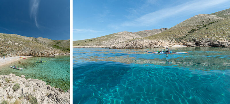 Two-panel coastal scene: left shows a turquoise cove with kayaks on a rocky shore; right shows a kayaker on clear blue water near rocky hills.