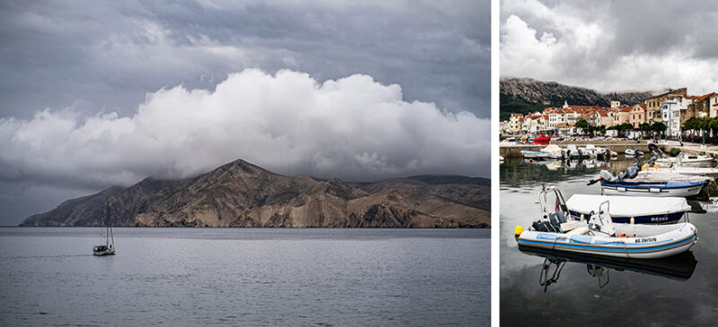 Two-panel scene: left shows a solitary sailboat on calm water with a rocky island and heavy clouds; right shows boats docked in a marina near a coastal town.