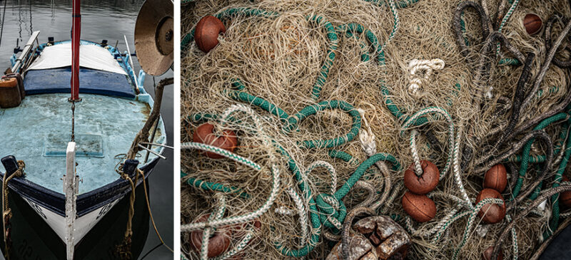 Two-panel image: left panel shows a blue fishing boat moored at a dock with gear; right panel shows a tangled pile of nets, ropes and orange floats.