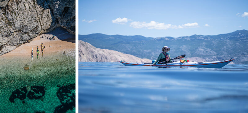 Two-panel scene: left shows a rocky cove with turquoise water and a group of kayakers on the sandy shore; right shows a kayaker in a blue kayak paddling on calm sea with mountains in the distance.