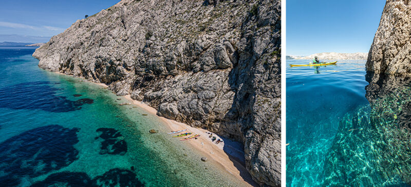Two-panel coastal scene: left shows a rocky shoreline with a small sandy cove and kayaks; right shows a kayaker paddling in clear blue water near cliffs.