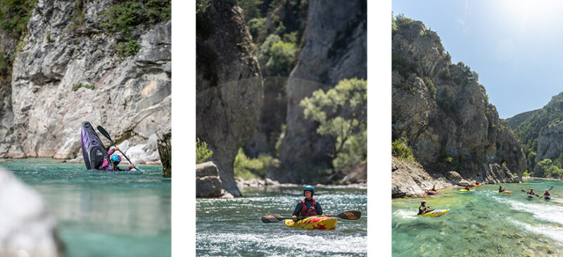 Panel 1: Kayaker in a purple kayak near rocky cliffs on a turquoise river.