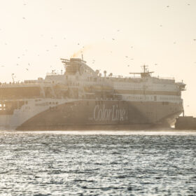 Color Line ferry sailing near a breakwater at sunset with seagulls overhead.